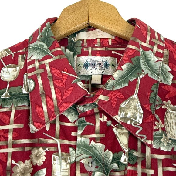 Vtg Campia Moda Hawaiian Aloha Shirt Sz Large Red Cotton Tropical Cocktail Print - Picture 2 of 9